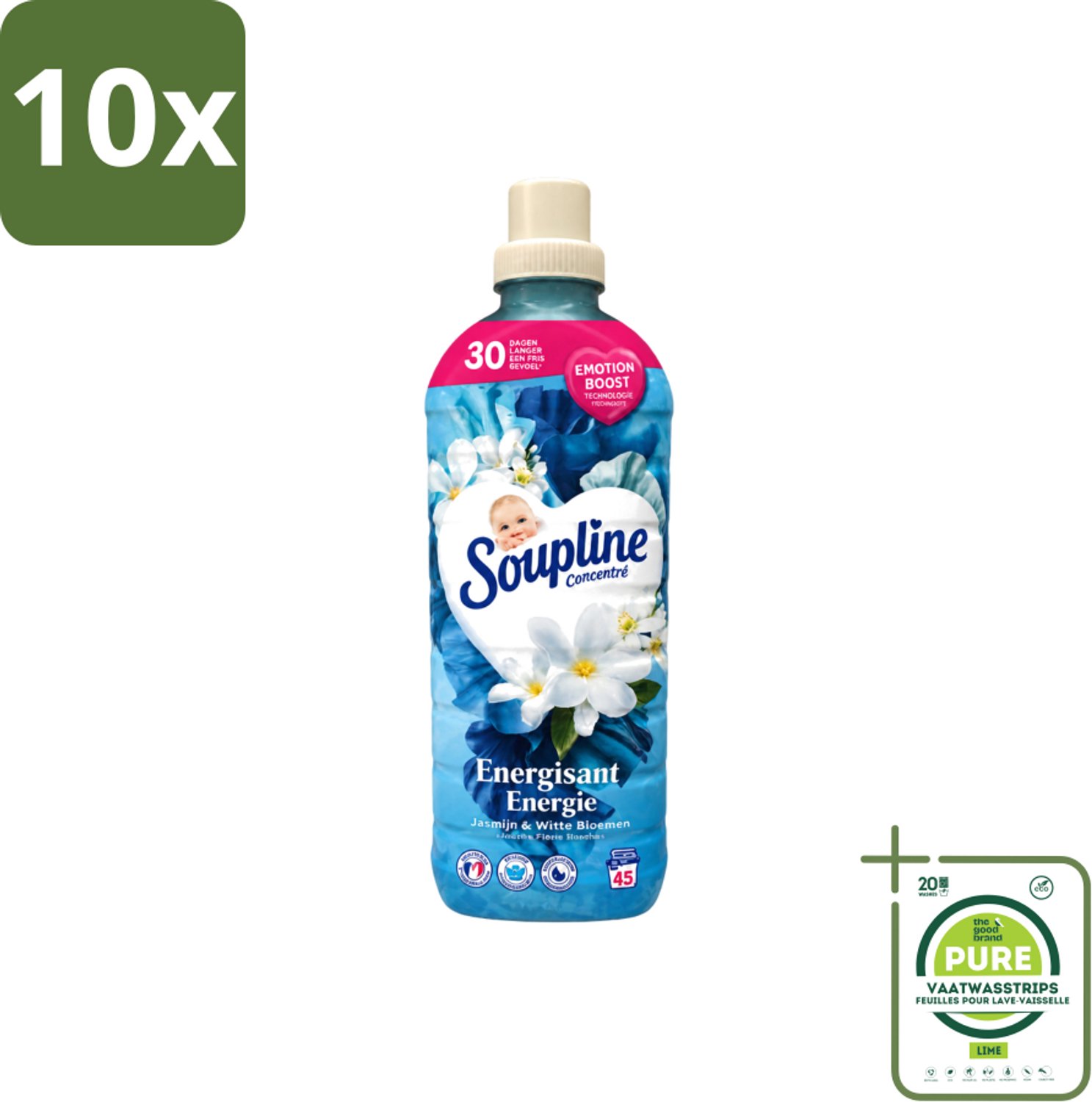 10 x Soupline – Wasverzachter – Energie Jasmijn & Witte Bloemen – 950 ml - Grootverpakking - Vaatwasstrips - Wasverzachter - Jasmijn - Witte Bloemen - Fris - Energie