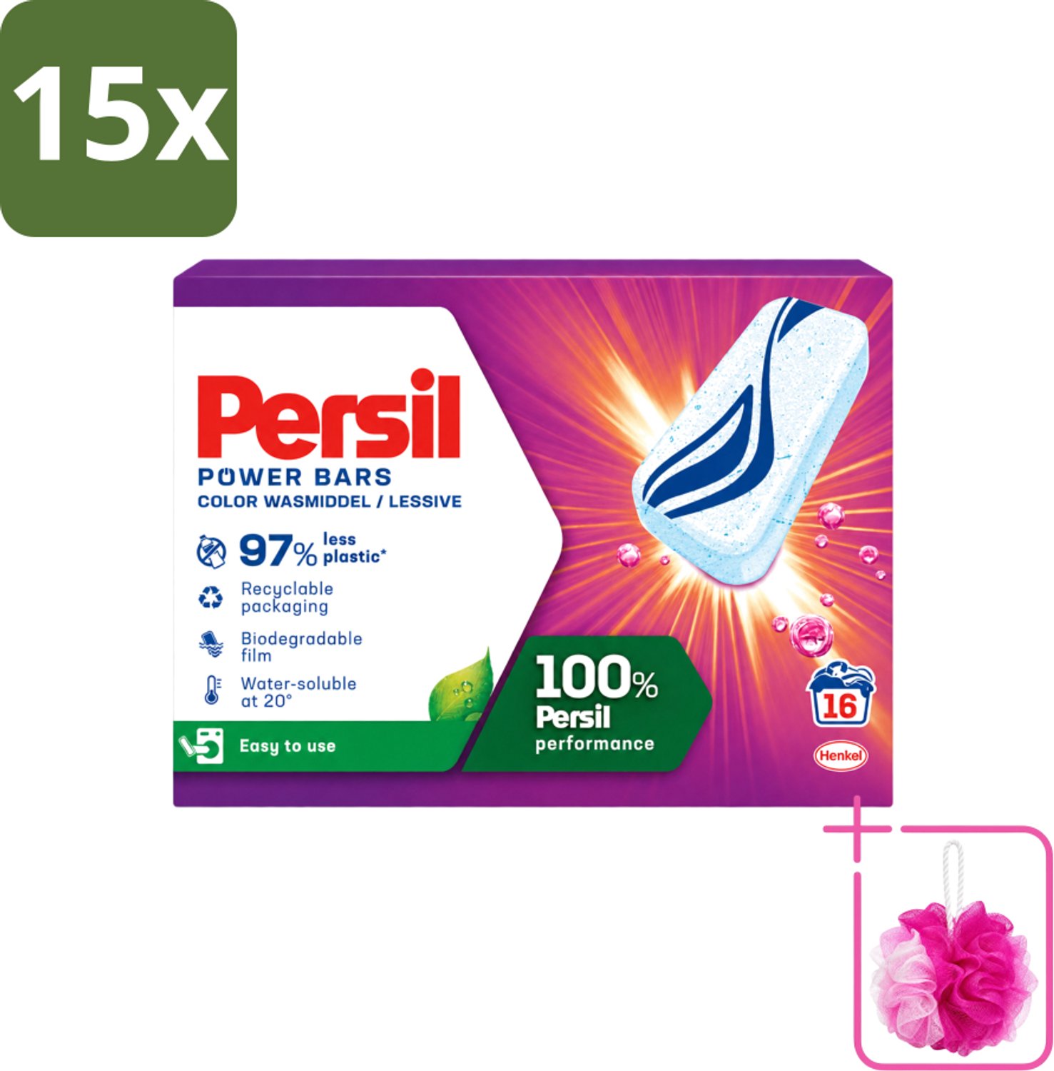 15 x Persil Power Bars - Wasmiddeltabletten - Gekleurde Was - 16 Wasbeurten - Bulkverpakking - Wasmiddelbar - Douchemop - Gekleurde was