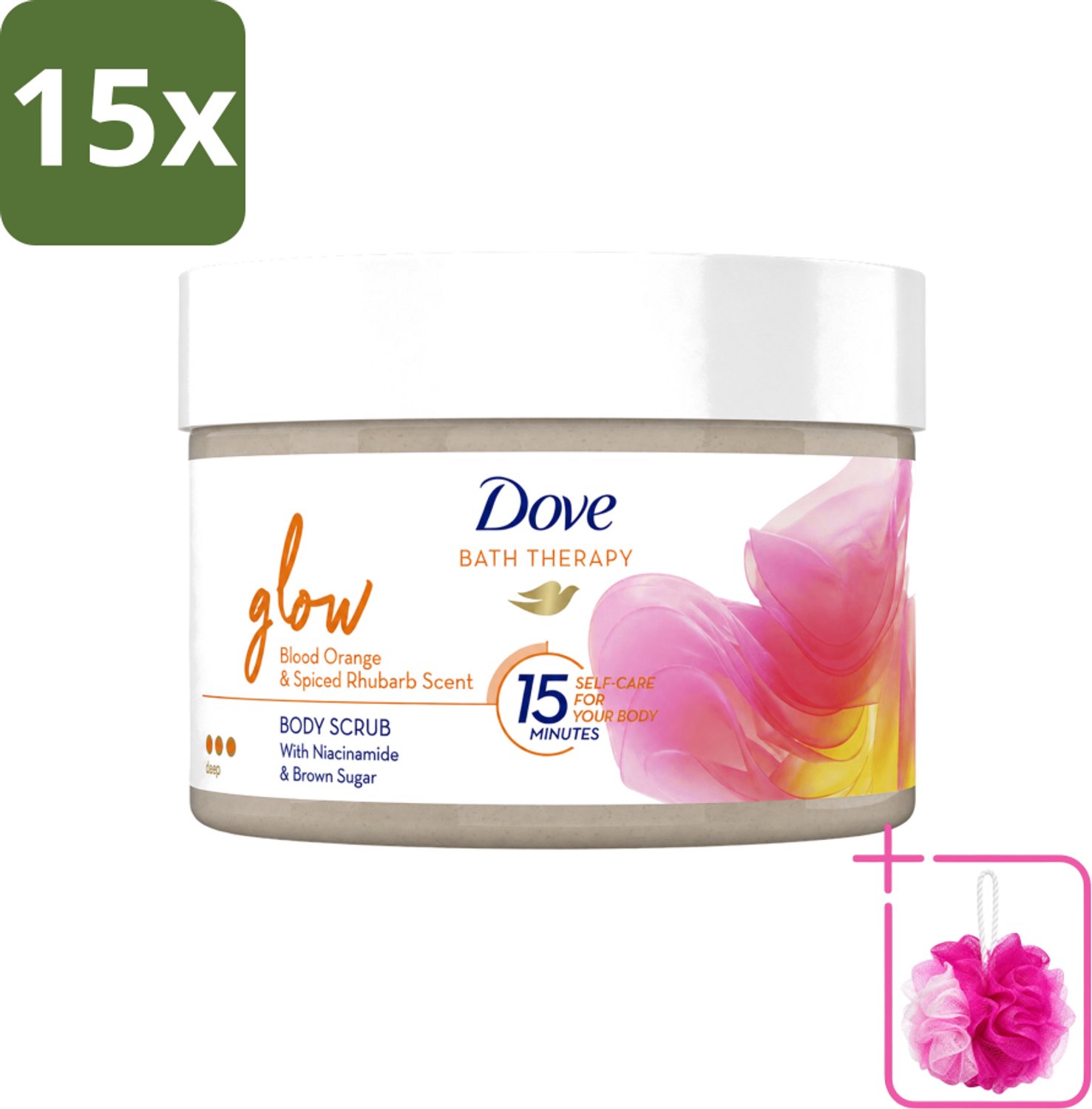 15 x Dove Bath Therapy Glow - Bodyscrub - Bloedsinaasappel & Rabarber - 295 ml - Bulkverpakking - Huid verzorging - Douchemop - Huid stralen