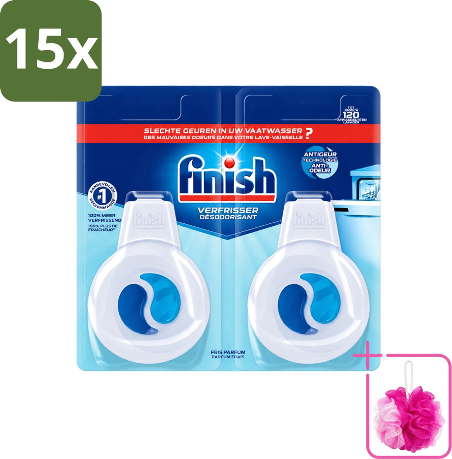 15 x Finish Deo Odorstop - Vaatwasverfrisser - Fris Parfum - Anti-geur - Tot 120 Afwasbeurten - Bulkverpakking - Vaatwasverfrisser - Douchemop - Geurstop