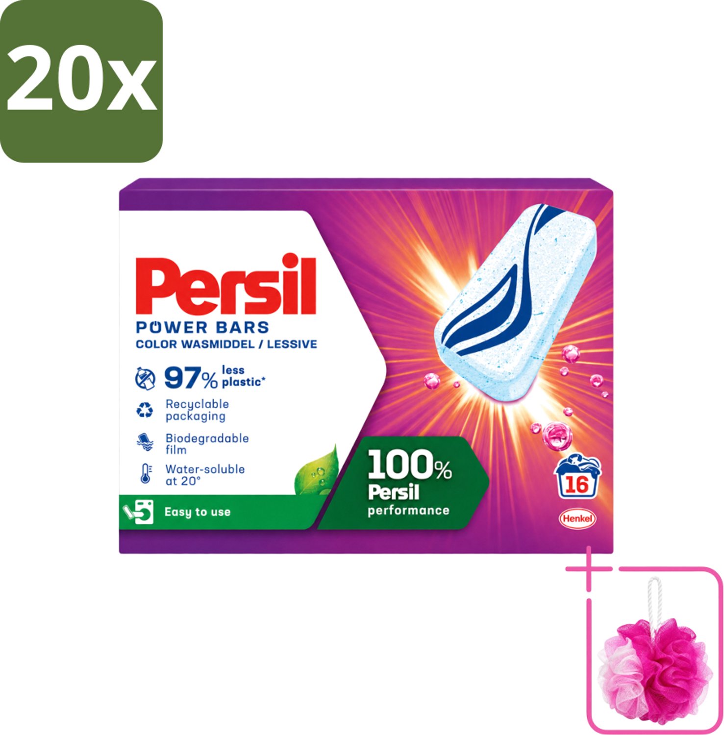 20 x Persil Power Bars - Wasmiddeltabletten - Gekleurde Was - 16 Wasbeurten - Bulkverpakking - Wasmiddelbar - Douchemop - Gekleurde was