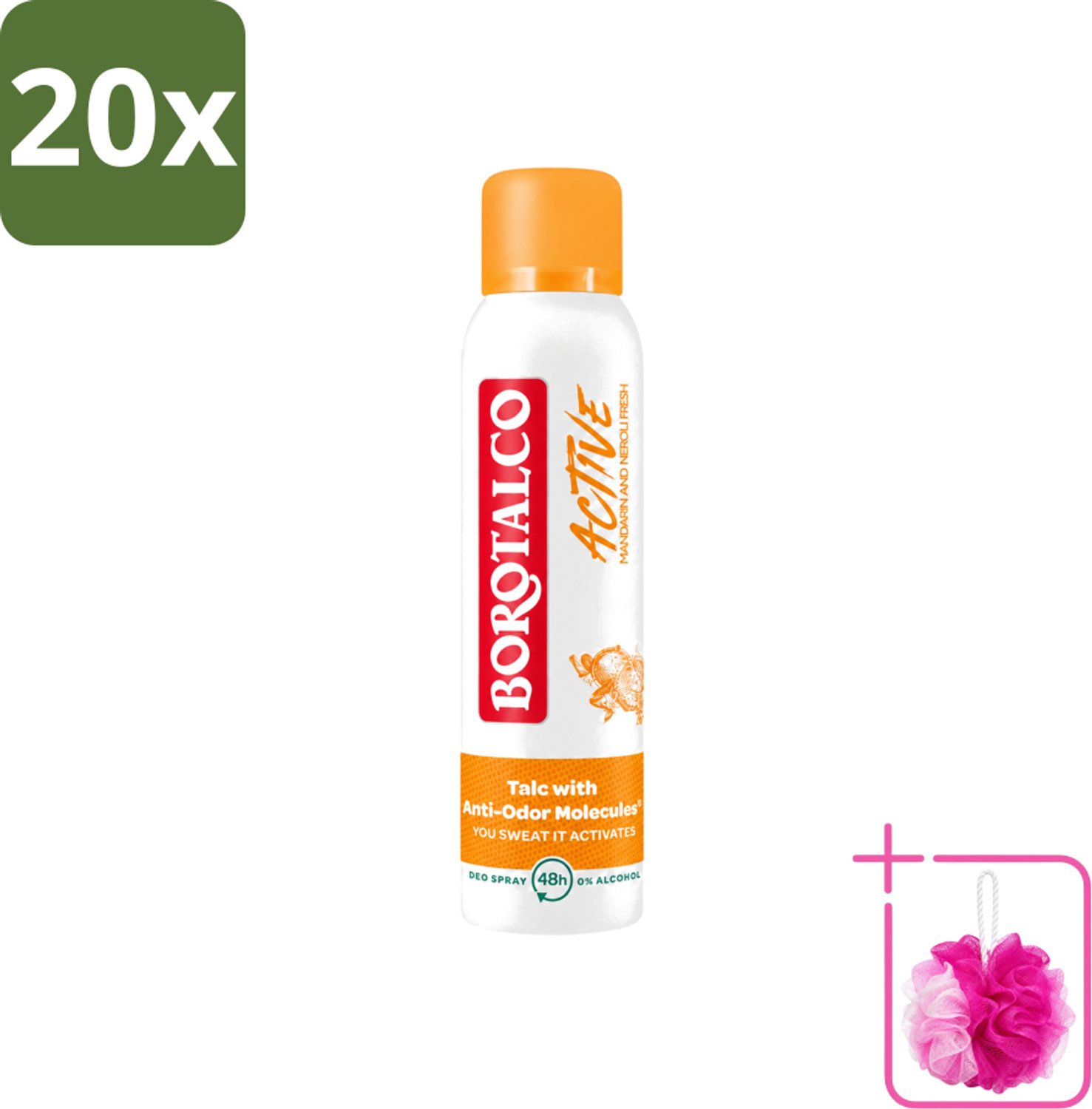 20 x Borotalco - Deodorant Spray - Active - Mandarin & Neroli Fresh - 0% Alcohol - 150 ml - Bulkverpakking - Deodorant Spray - Douchemop - Mandarijn en Neroli