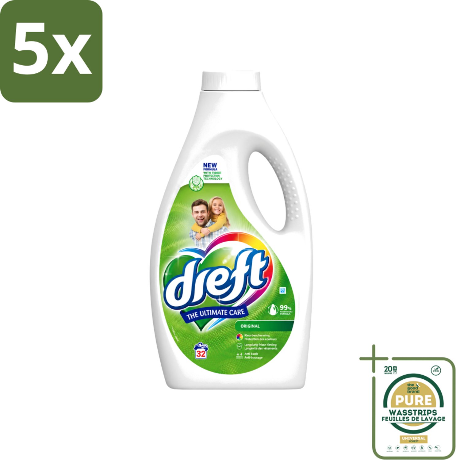 5 x Dreft - Ultimate Care - Vloeibaar Wasmiddel - Gekleurde Was - Original - 32 Wasbeurten - Wasstrips - Kleurbeveiliging - Vloeibaar Wasmiddel - Gekleurde Was - Frisse Geur - Wasmiddel Origineel