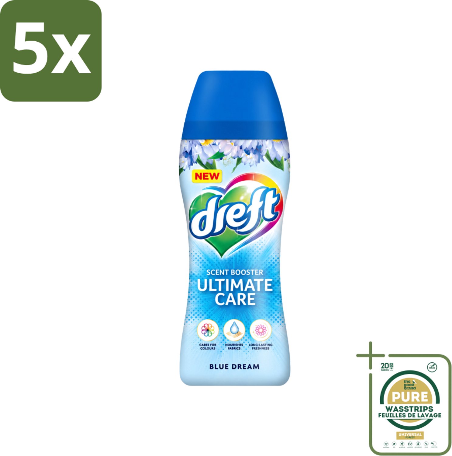 5 x Dreft - Ultimate Care - Wasverzachter - Geurbooster - Gekleurde Was - Blauwe Droom - 15 Wasbeurten - Wasstrips - Wasmiddel - Geurbooster - Wasverzachter - Kleurbescherming - Wasgeur