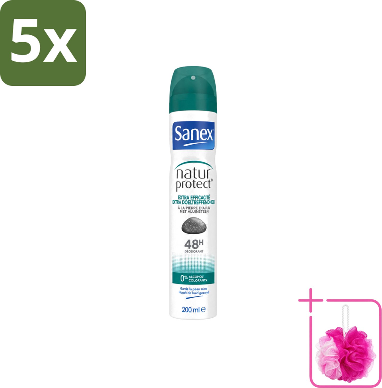 5 x Sanex – Deodorant Spray – Aluinsteen – 200 ml - Bulkverpakking - Deodorant spray - Douchemop - Natuurlijke deodorant