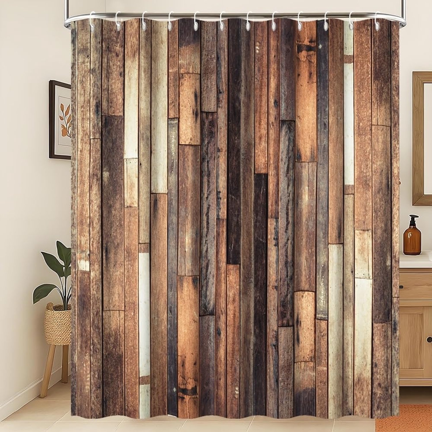 Houten plank douchegordijn bruin oud houten plank getextureerd waterdicht badkamer gordijn retro westerse land boerderij schuur woondecoratie schimmelbestendige stof 180 x 220 cm