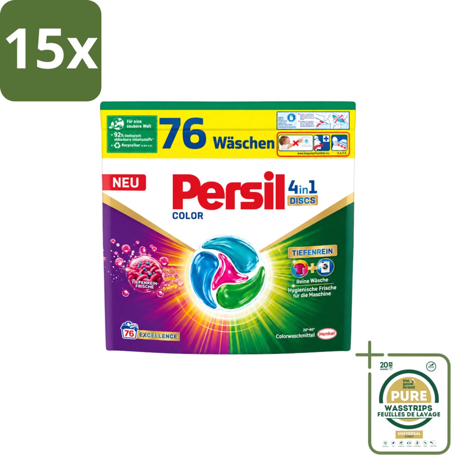 15 x Persil – Wasmiddel Discs 4-in-1 – Color - 76 Capsules - Wasstrips - Wasmiddel - Kleuren Beschermen - Vlekken Verwijderen - Wasdiscs - Gekleurde Was