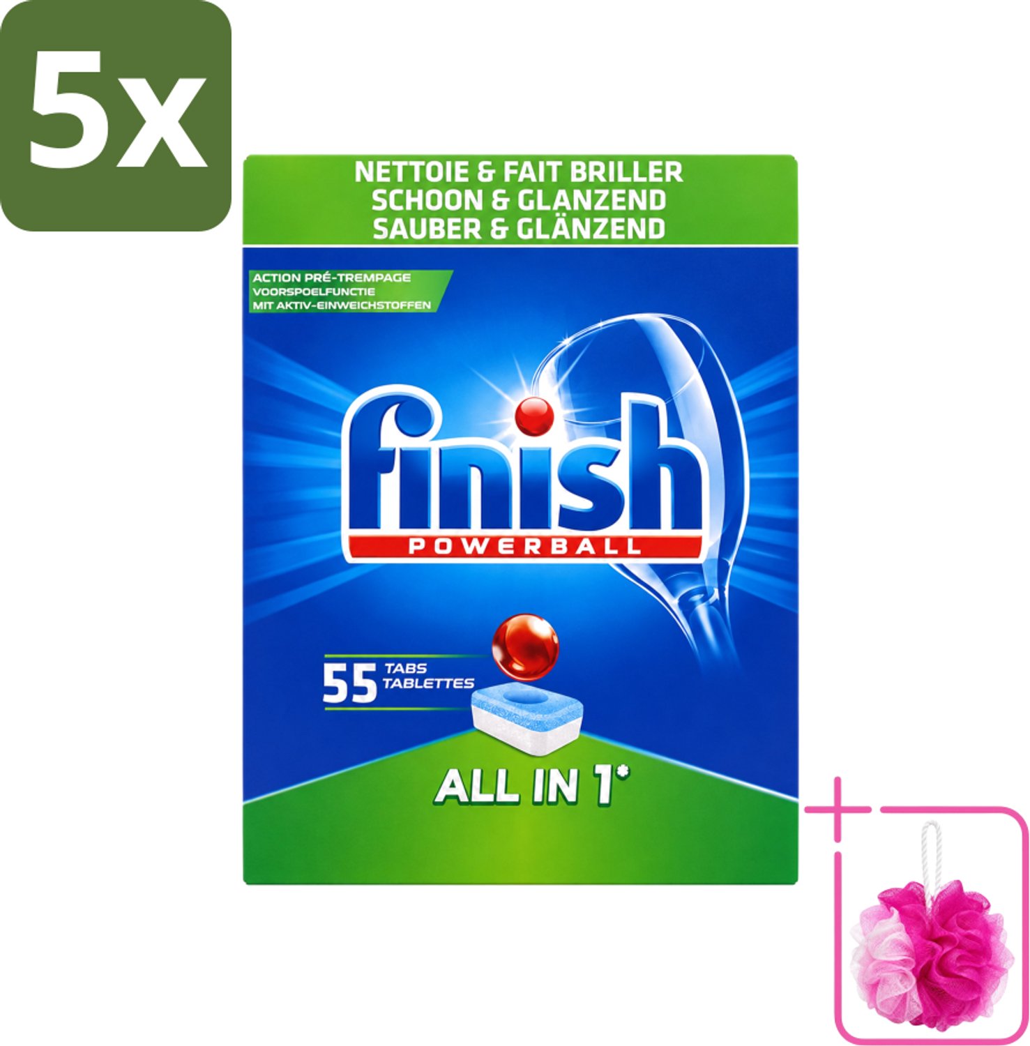 5 x Finish Powerball - All in 1 - Vaatwastabletten - Schoon & Glans - 55 Tabletten - Bulkverpakking - Vaatwasmiddel - Douchemop - Vaatwastablet
