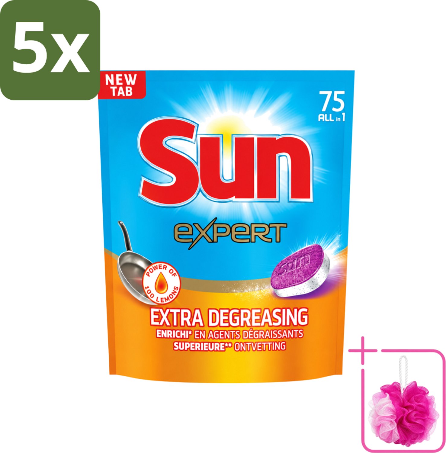 5 x Sun Expert - All-in-1 - Vaatwastabletten - Extra Ontvettend - 75 Tabletten - Bulkverpakking - Vaatwastabletten - Douchemop - Vaatwasmiddel