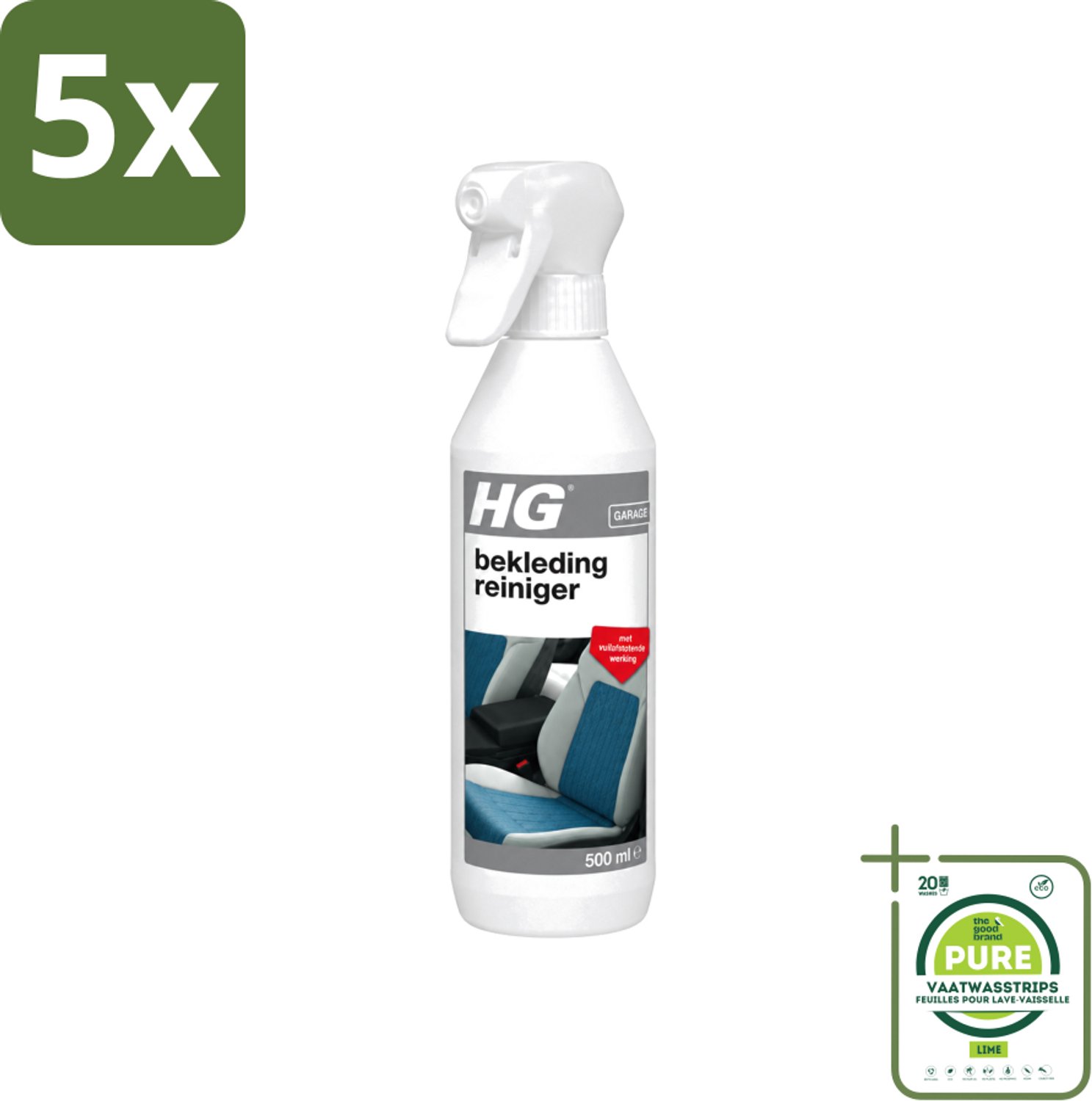 5 x HG - Garage - Bekledingreiniger - Met Vuilafstotende Werking - 500 ml - Grootverpakking - Vaatwasstrips - Bekleding Reinigen - Vlekken Verwijderen - Vuilafstotend - Auto Bekleding Reinigen - Caravan Bekleding Reinigen