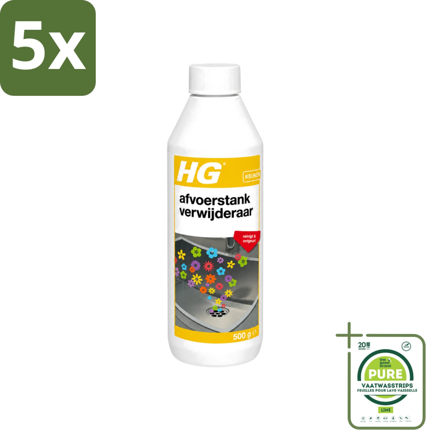 5 x HG - Afvoerstank Verwijderaar - Reinigt & Ontgeurt - 10 Behandelingen - 500 g - Grootverpakking - Vaatwasstrips - Afvoerstankverwijderaar - Afvoer Reinigen - Afvoer Geur - Afvoer Ontgeurt - Afvoer Vervuiling