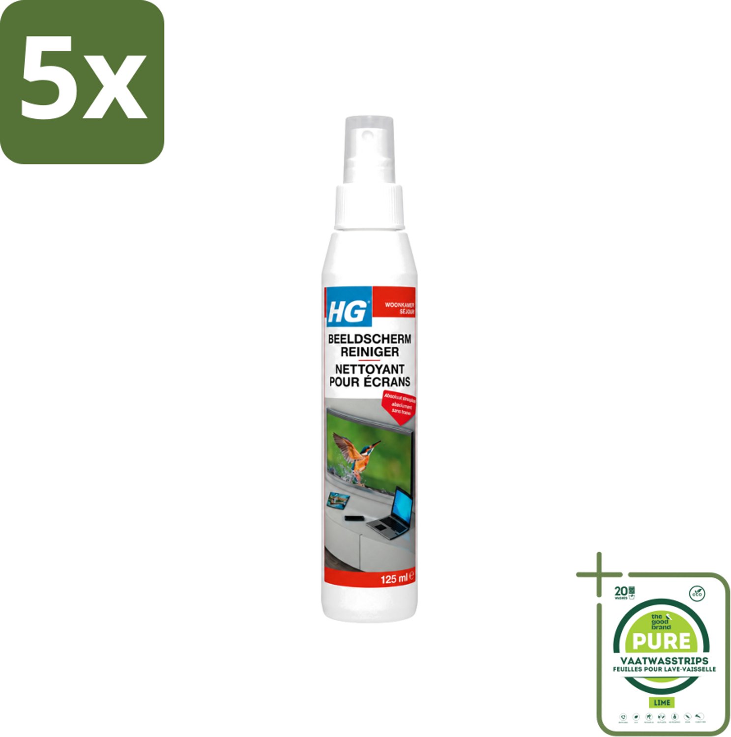 5 x HG - Beeldschermreiniger - Voor Streepvrije Schermen - 125 ml - Grootverpakking - Vaatwasstrips - Beeldscherm Reinigen - Scherm Reinigen - Streepvrije Schermen - Beeldscherm Reiniger - Scherm Reinigen Zonder Strepen