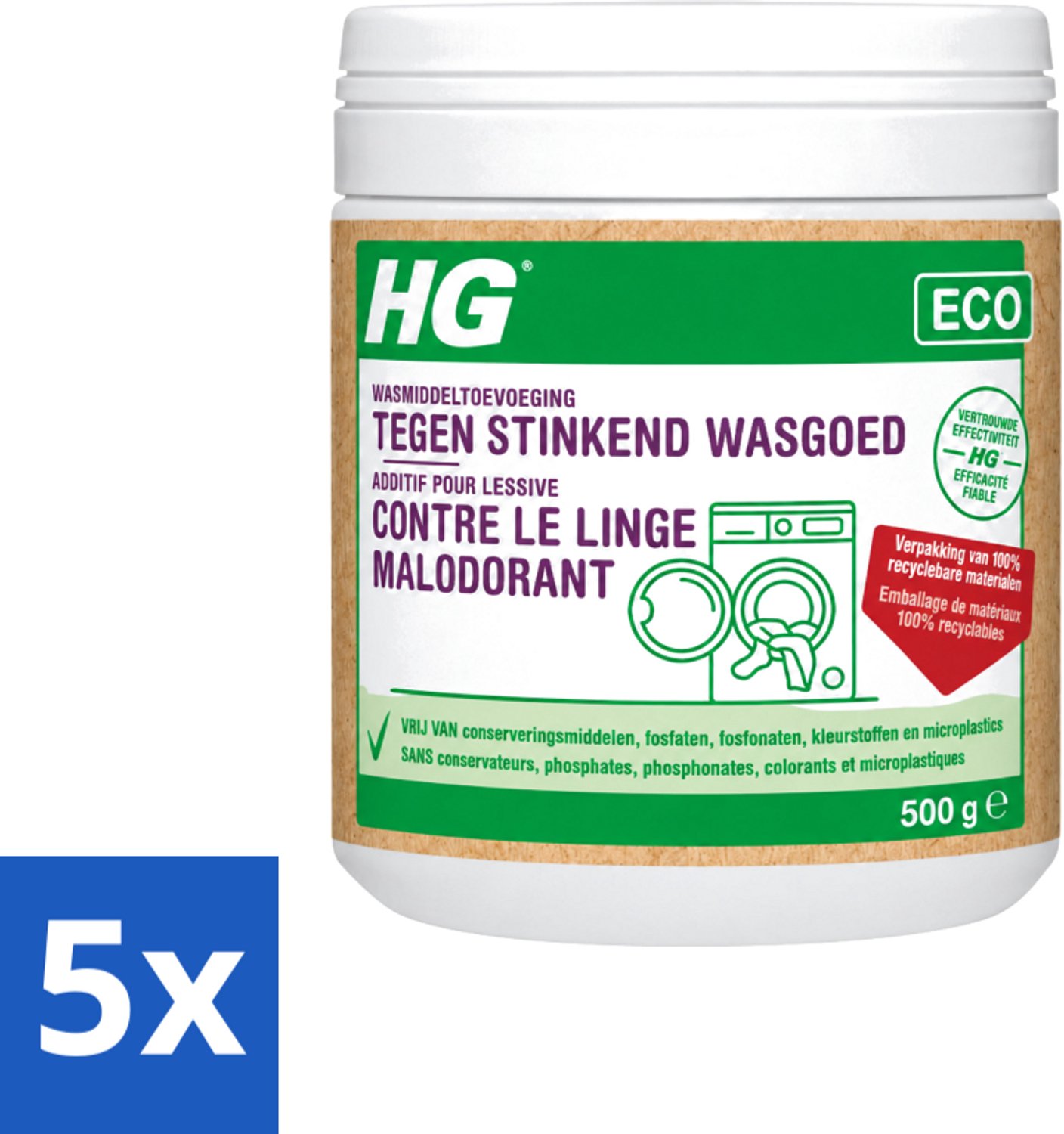 5 x HG ECO - Wasmiddeltoevoeging Tegen Stinkend Wasgoed - Effectieve Formule - 16 Wasbeurten - 500 g - Voordeelverpakking - 5 stuks