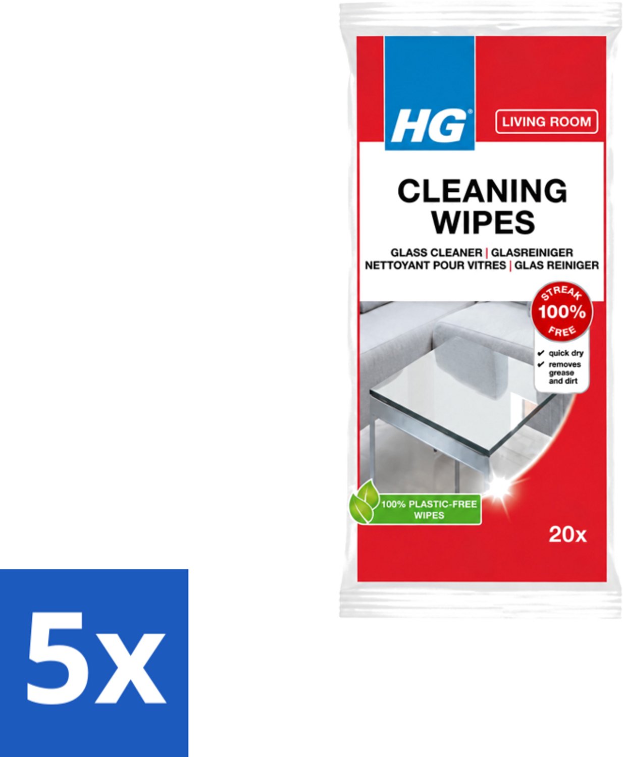 5 x HG - Woonkamer - Glasreinigingsdoekjes - Reinigt Streeploos - 20 Doekjes - Voordeelverpakking - 5 stuks