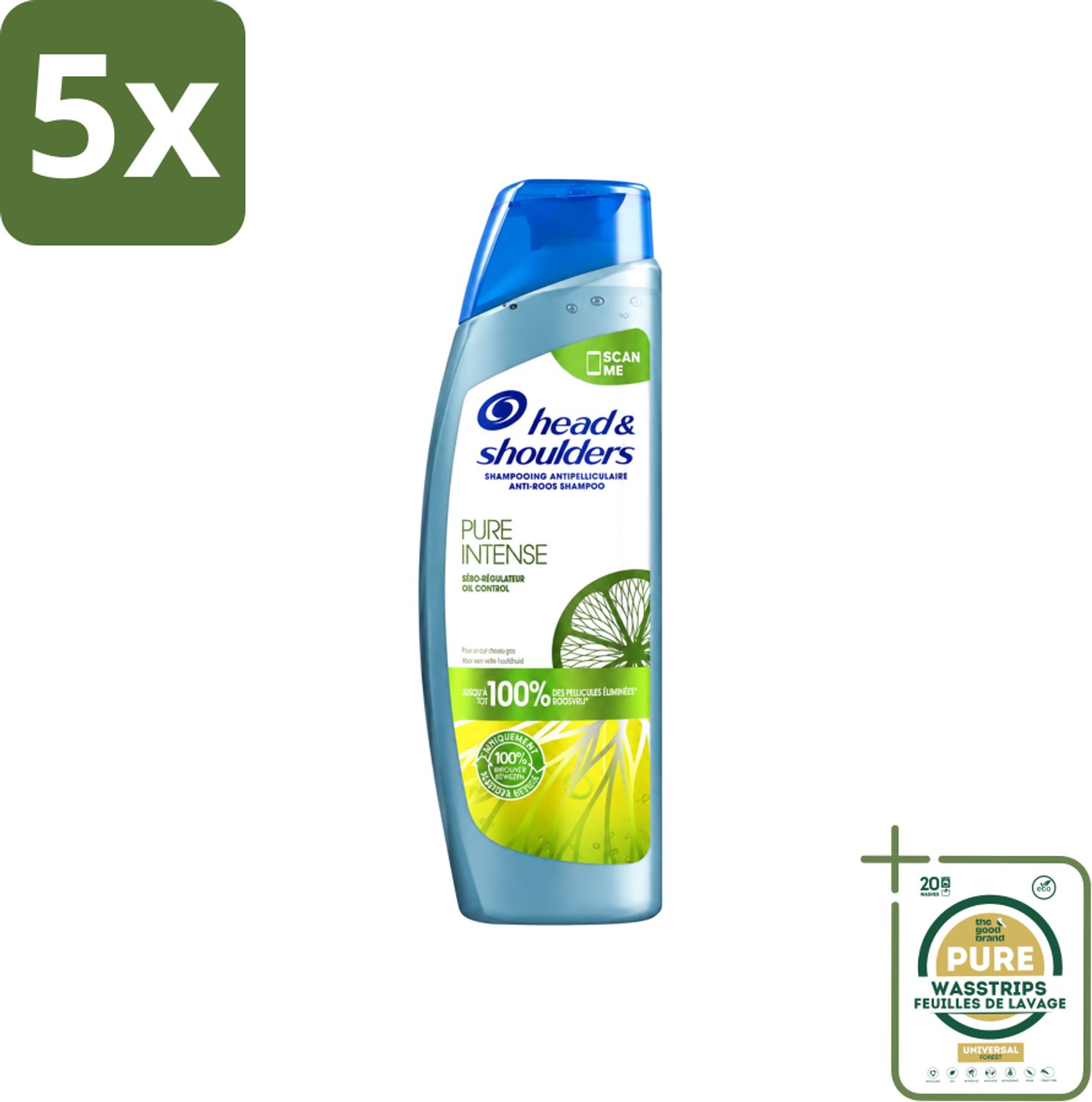 5 x Head & Shoulders - Anti-Roos Shampoo - Pure Intense - Oil Control - 250 ml - Wasstrips - Roosvrij Haar - Oliecontrole - Schone Hoofdhuid - Vet Haar - Anti-roos Shampoo
