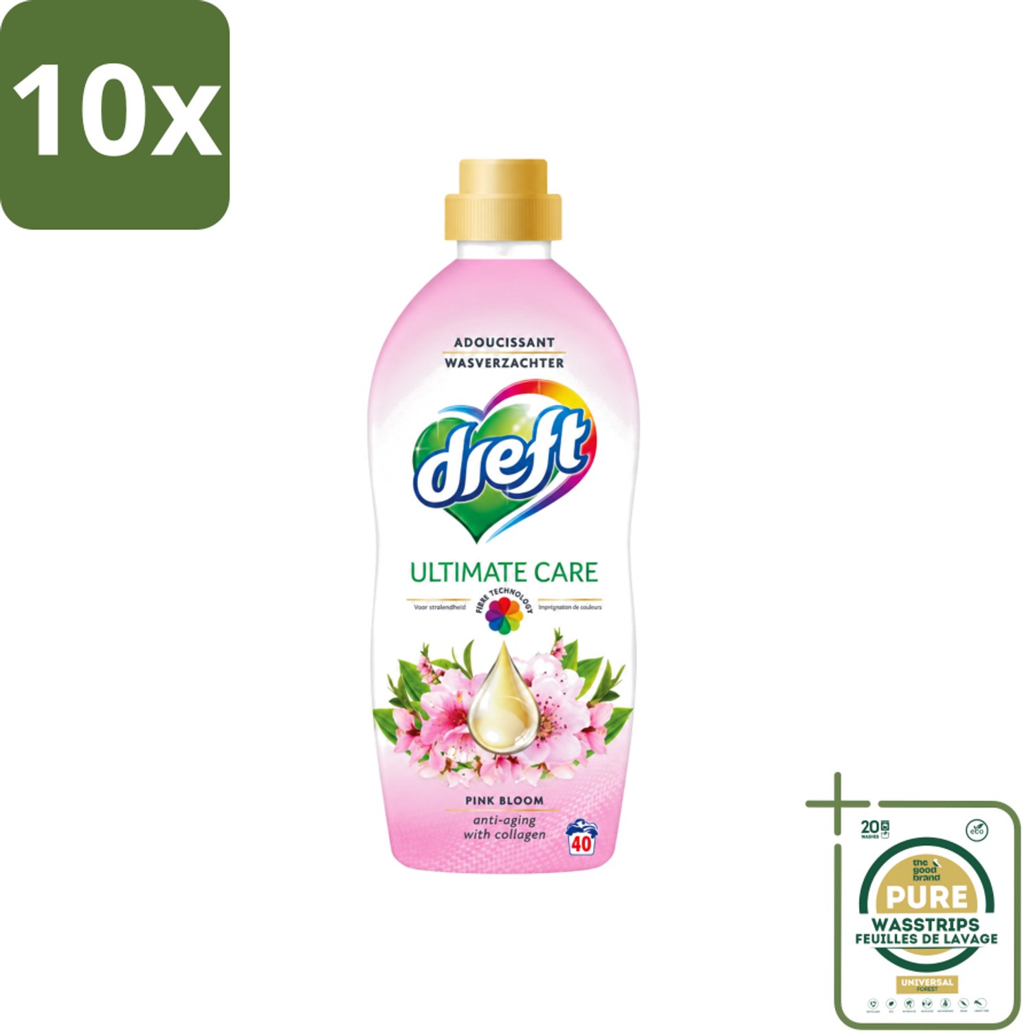 10 x Dreft - Ultimate Care - Wasverzachter - Roze Bloem - Anti-Veroudering - 40 Wasbeurten - Wasstrips - Wasverzachter - Anti-aging - Kleurbescherming - Wasgoed Verzorging - Roze Bloem Geur