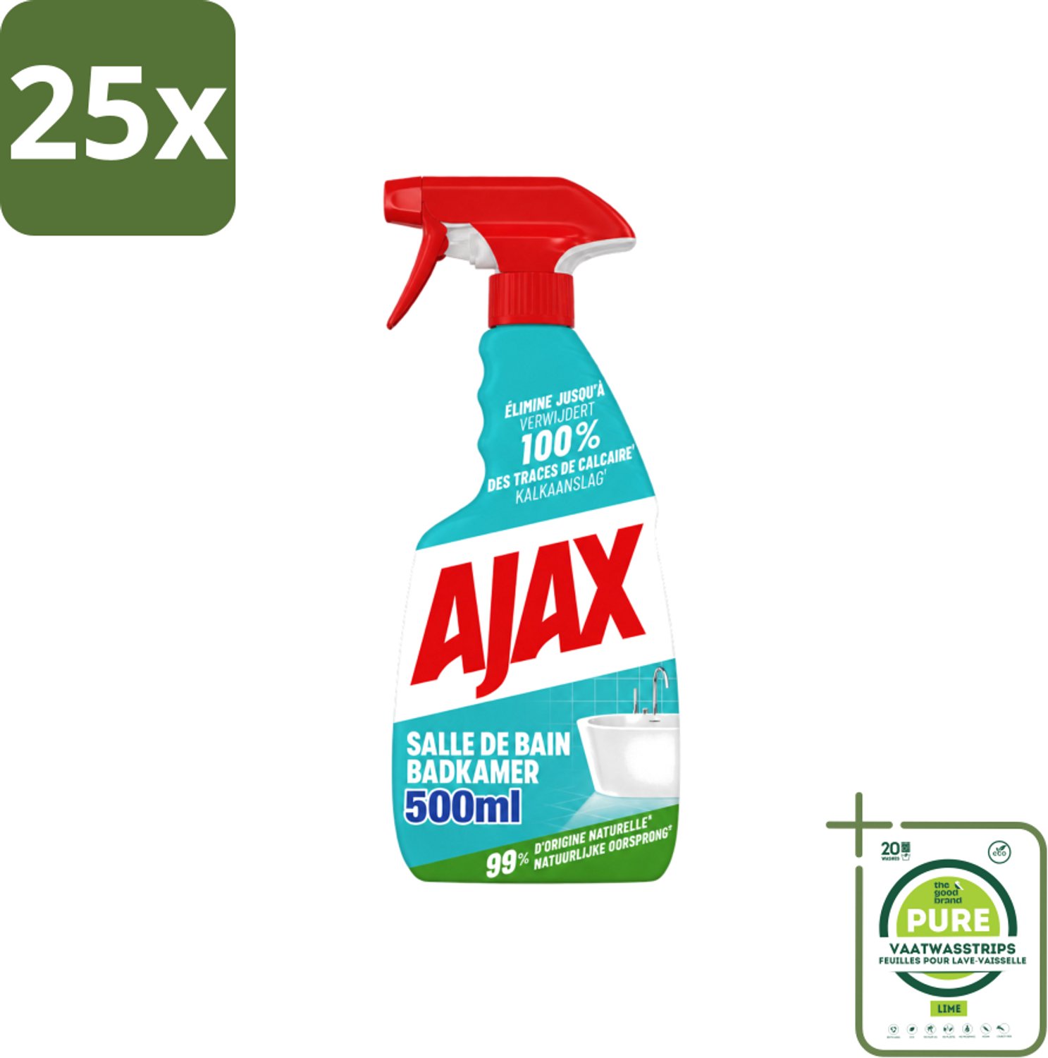 25 x Ajax – Badkamer Spray – 500 ml - Grootverpakking - Vaatwasstrips - Badkamer Reinigen - Kalk Verwijderen - Zeepresten Verwijderen - Badkamer Schoonmaken - Anti-kalk Spray