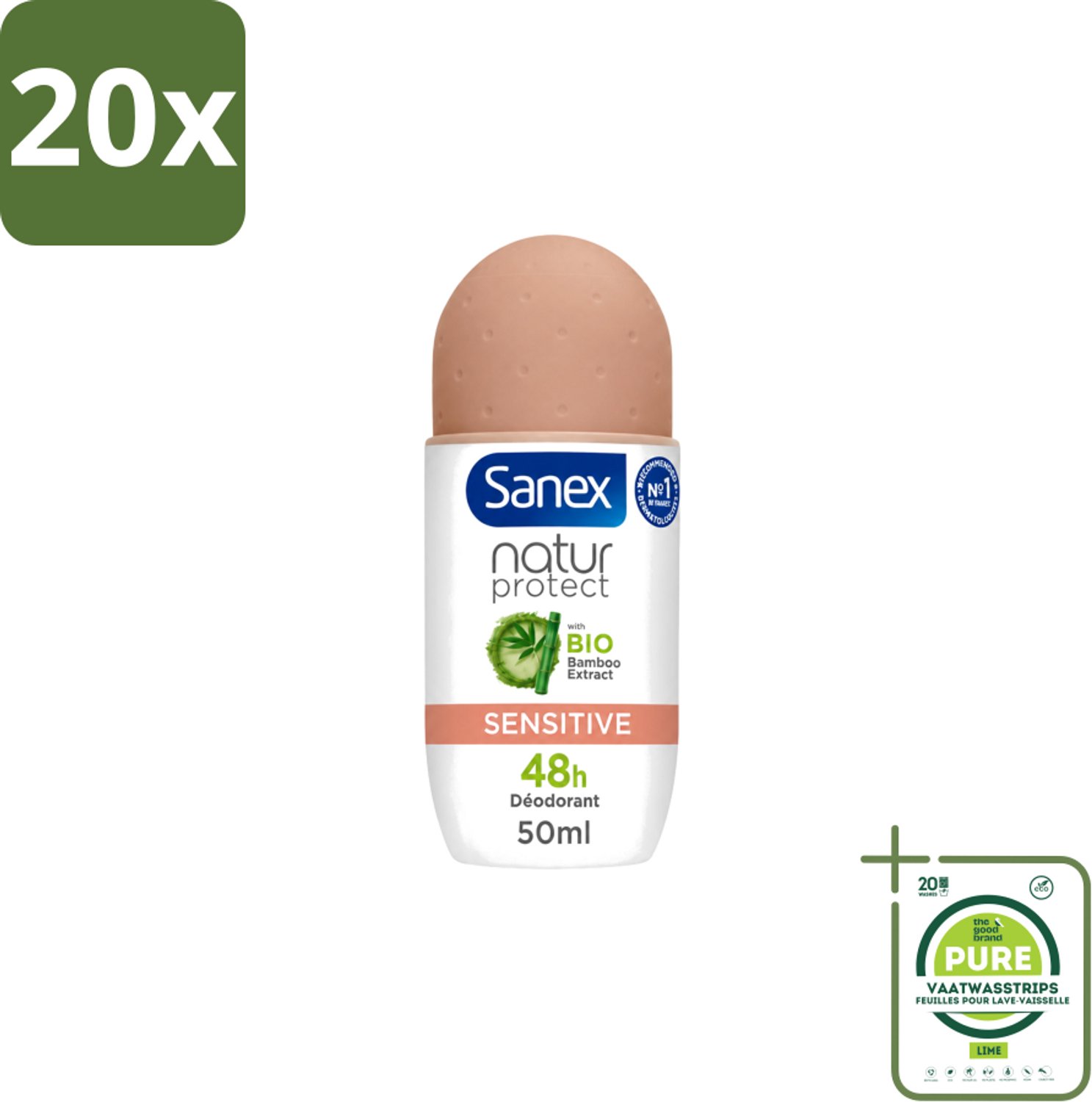 20 x Sanex – Deodorant Roll-On – Natur Protect Sensitive – 50 ml - Grootverpakking - Vaatwasstrips - Gevoelige Huid - Deodorant Roll-on - Natuurlijke Bescherming - Milde Deodorant - Frisheid
