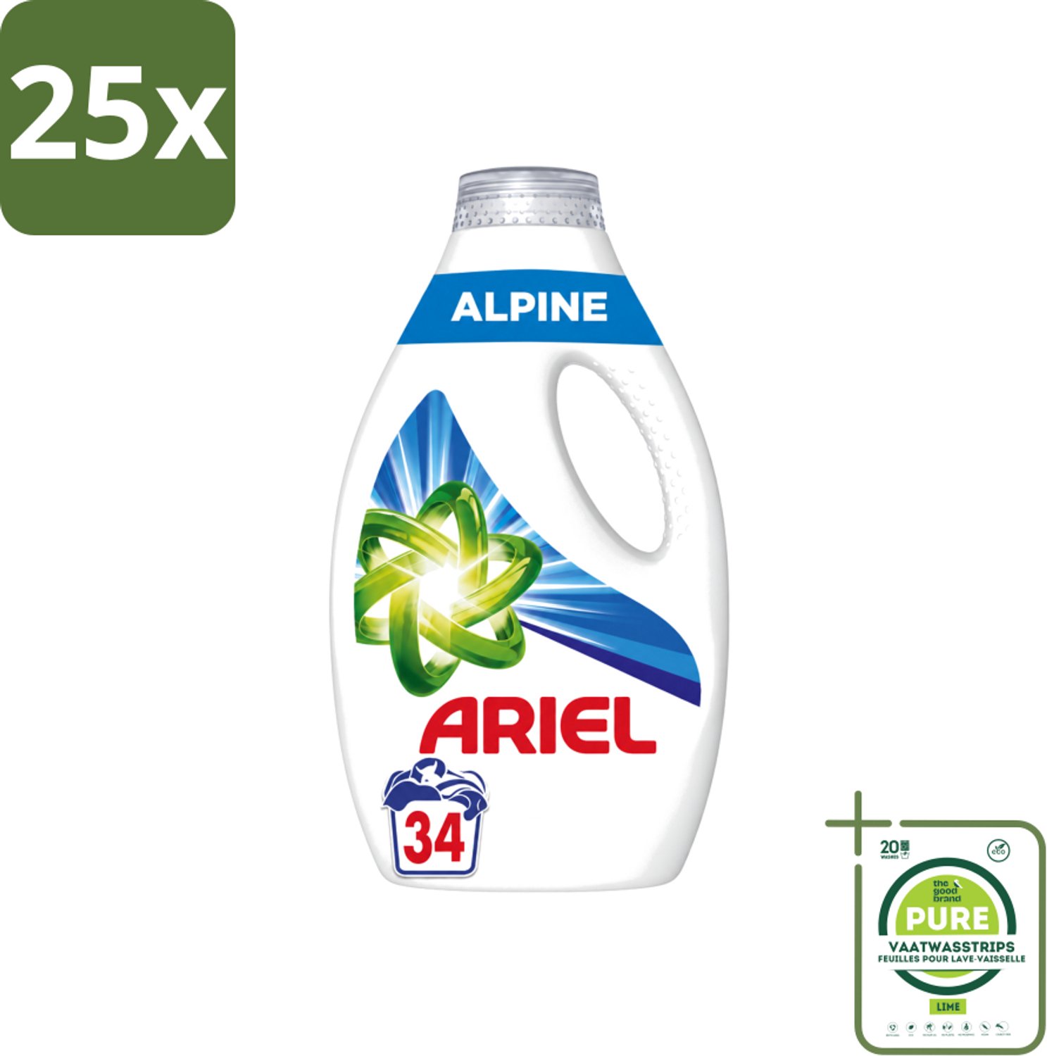 25 x Ariel – Vloeibaar Wasmiddel – Alpine – 1530 ml – 34 wasbeurten - Grootverpakking - Vaatwasstrips - Ariel Alpine - Vloeibaar Wasmiddel - Koud Wassen - Frisse Geur - Energiezuinig Wasmiddel