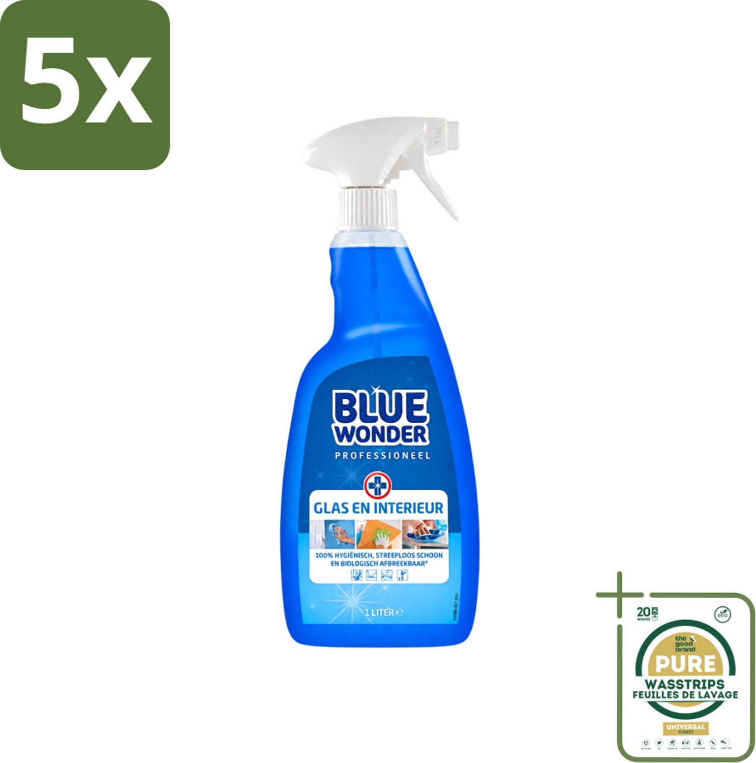 5 x Blue Wonder - Professionele Glas & Interieur Spray - Streeploos Schoon - 1 Liter - Wasstrips - Glas Reinigen - Interieur Reinigen - Streeploos Drogen - Vet Verwijderen - Vlekken Verwijderen