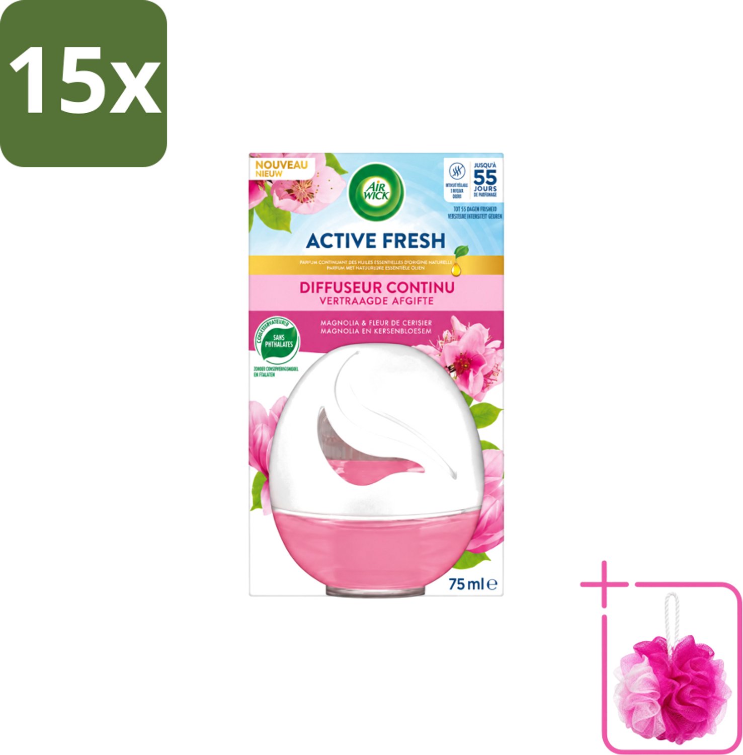 15 x Air Wick – Luchtverfrisser – Deco Sphere Magnolia & Kersenbloesem – 75 ml - Bulkverpakking - Luchtverfrisser - Douchemop - Geur