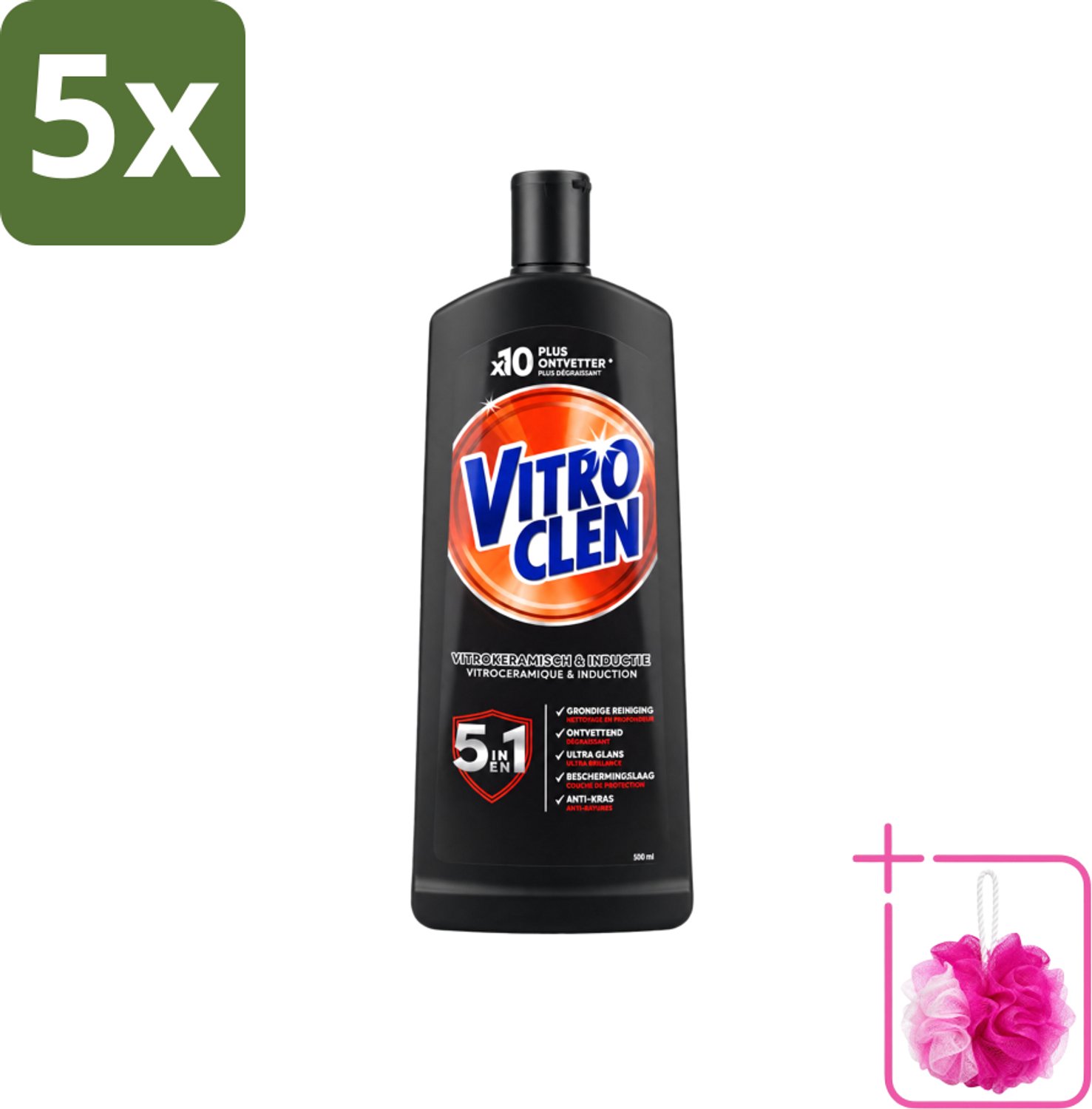 5 x Vitroclen - Kookplaatreiniger - Keramisch & Inductie - 5 in 1 - 500 ml - Bulkverpakking - Keramische kookplaat reinigen - Douchemop - Inductiekookplaat reinigen