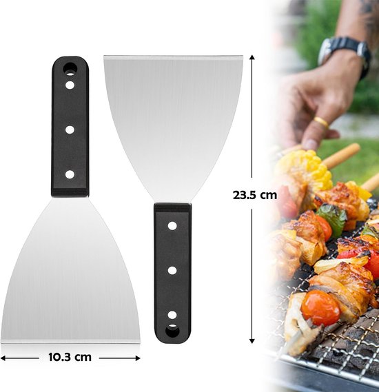 2 stuks Plancha spatel keukenspatel set, grillspatel roestvrij staal met ABS kunststof handvat, pizzaspatel voor BBQ/keuken/koken/schoonmaken, schuine rand en vaatwasser — afbeelding 2