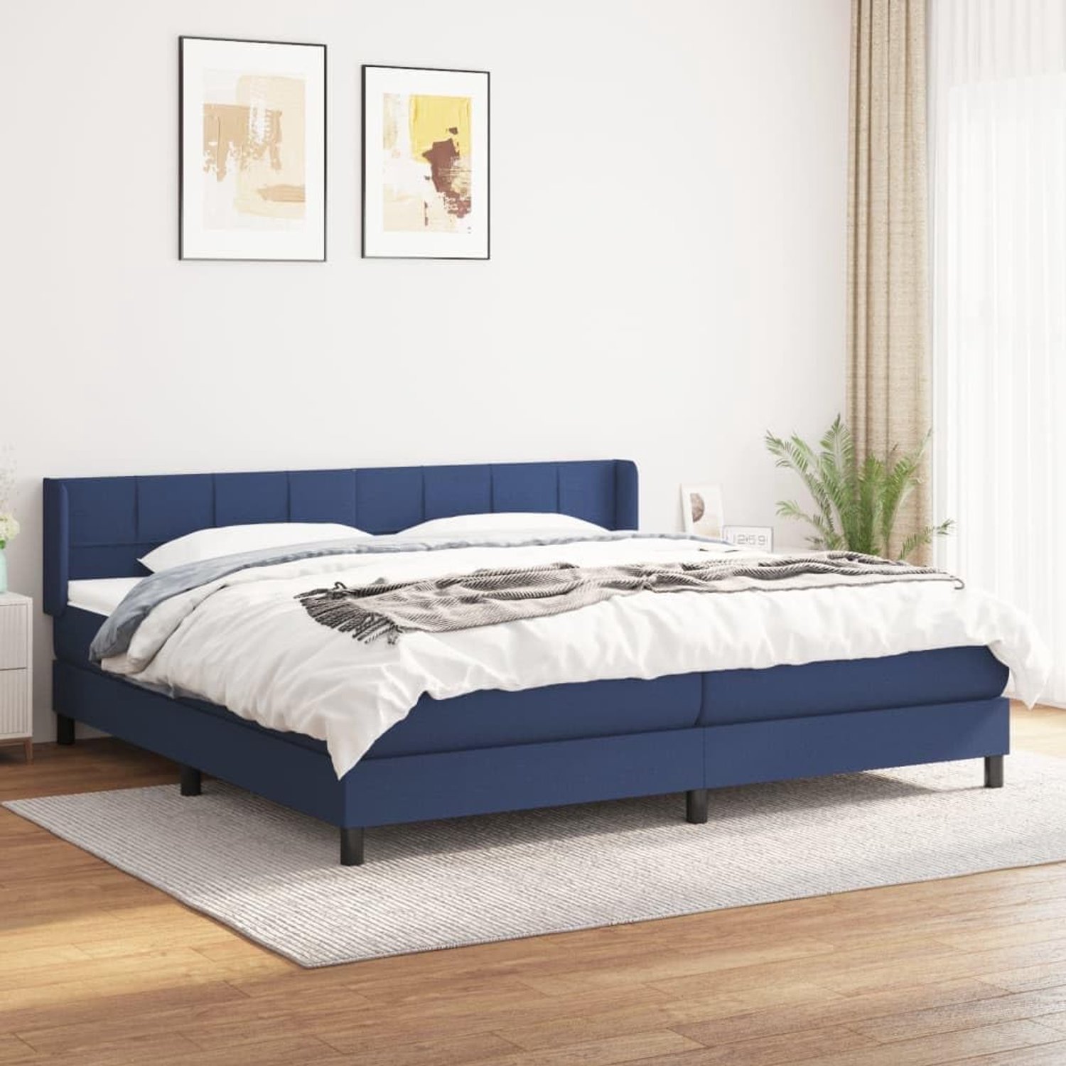 Boxspring met matras stof blauw 200x200 cm pocketvering hoofdbord in hoogte verstelbaar ademend duurzaam medium stevig voor rug en buikslapers slaapkamer
