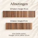 Twee walnoothouten pianokapstokken met 10 haken (70 cm) en 8 haken (57 cm). Hoogte 14 cm, dikte 3,5 cm.