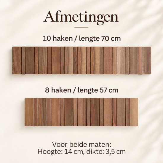 Twee walnoothouten pianokapstokken met 10 haken (70 cm) en 8 haken (57 cm). Hoogte 14 cm, dikte 3,5 cm.