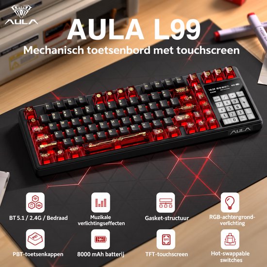 AULA L99 mechanisch toetsenbord met zwart frame, doorzichtige rode toetsen en ingebouwd TFT-touchscreen.