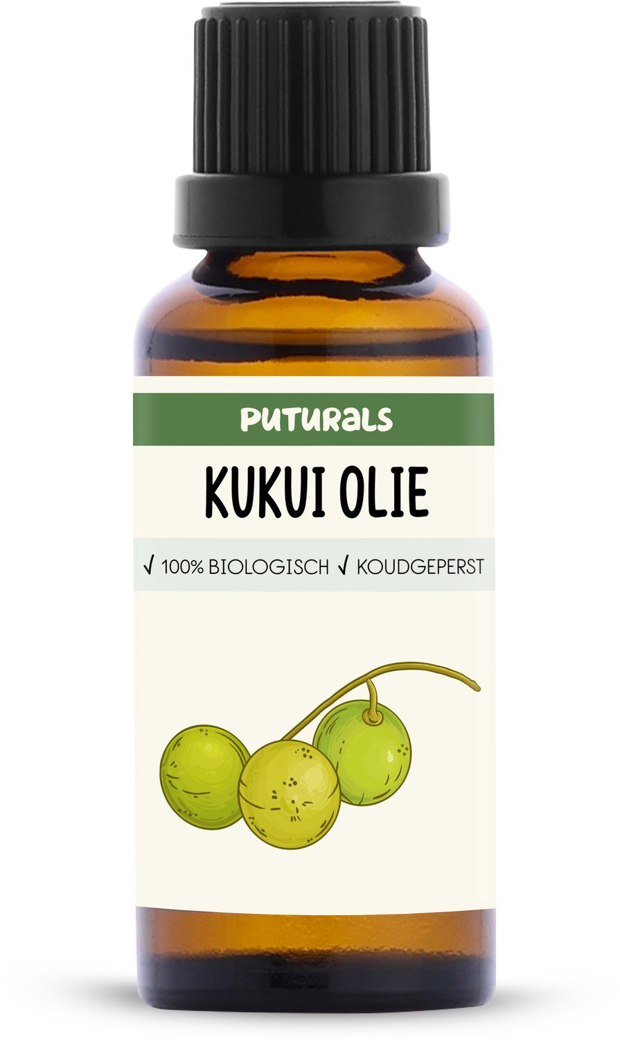 Puturals Kukui Olie 100% Biologisch - 30ml - Puur en Koudgeperst - Kukui Olie voor Huid, Haar en Lichaam - Rijk aan Omega 3, 6 en 9 - Kukui Olie als Huidolie en Haarolie - Bruine Glazen Druppelfles