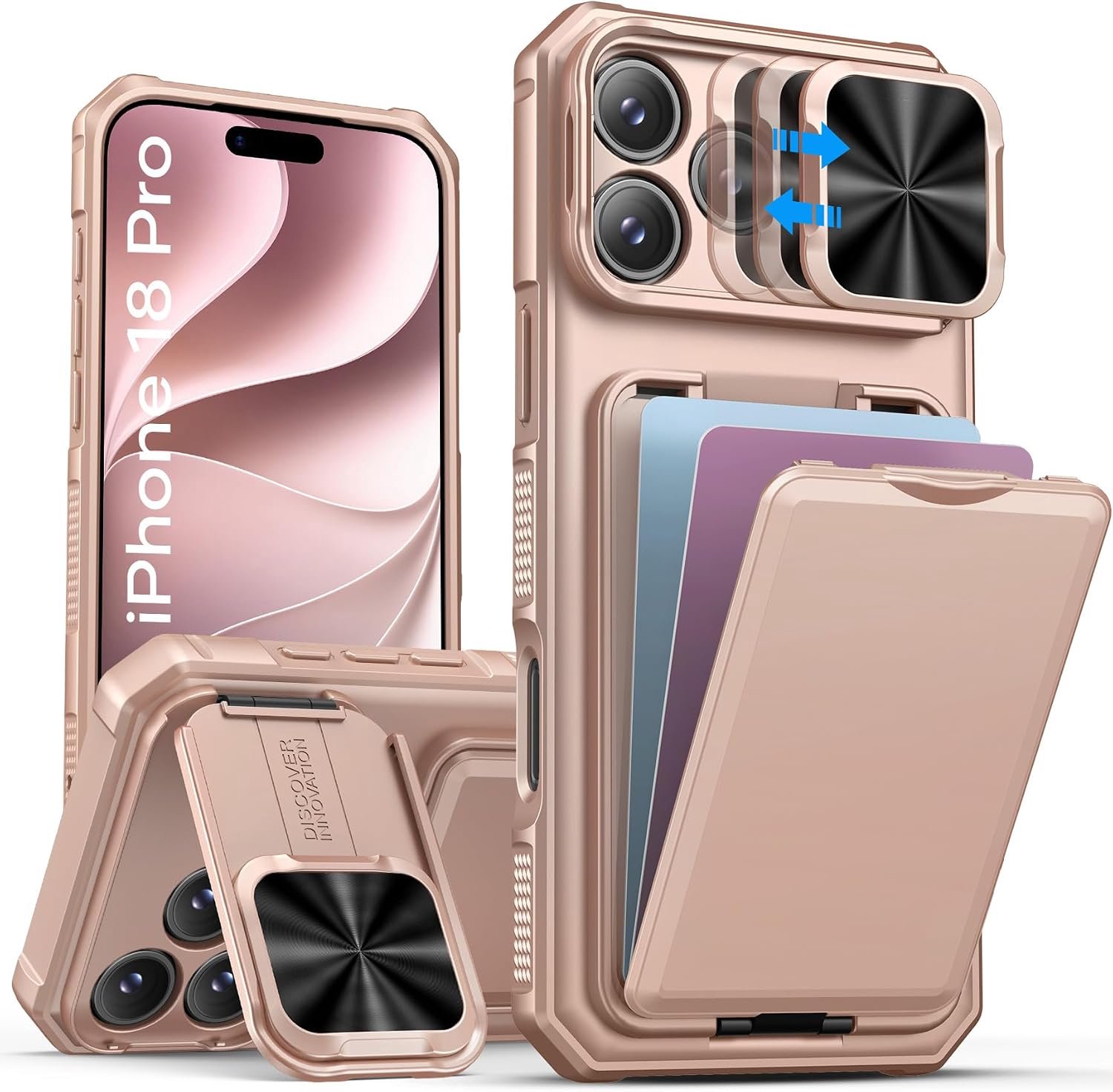 Zandarix Hoesje Geschikt voor Apple iPhone 18 Pro - Schuifbare Cameralens bescherming - Militaire Valbescherming - Kaarthouders - Back Cover Hoesje - Rosegold