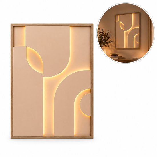 Taupe led-wanddecoratie met abstracte vormen, inclusief sfeerbeeld in ronde inzet.