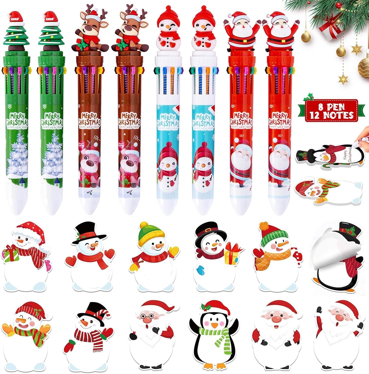 8 stuks kerstbalpennen 10 in 1 + 12 stuks zelfklevende notities kerststickers, kleurrijke intrekbare kerstbalpen gadget verjaardag kinderen, sneeuwpop van de kerstman kleurpotloden
