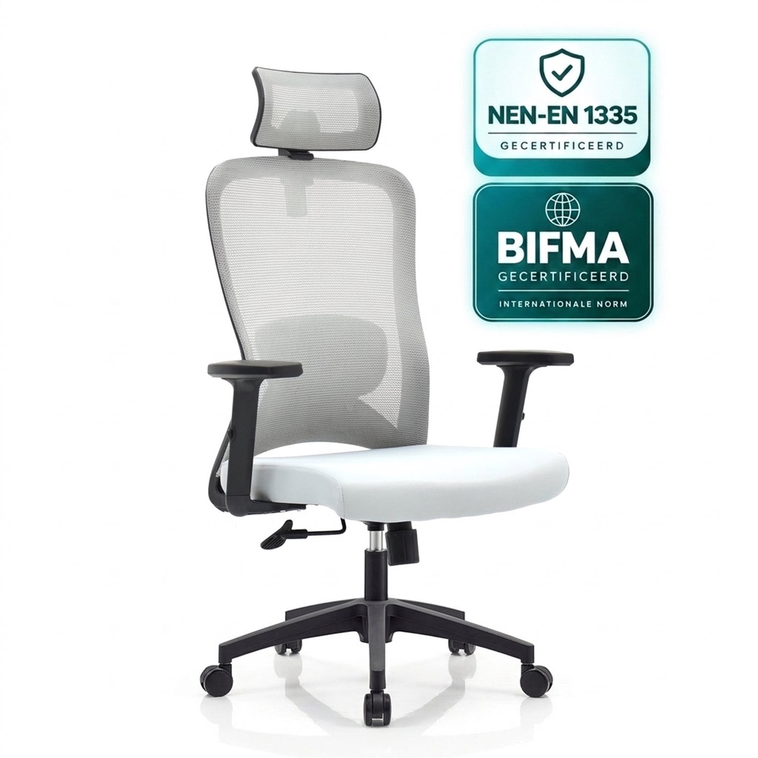 OfficeSense OS140 Ergonomische Bureaustoel – NEN1335 – 2D Hoofdsteun – Kantelbaar – Mesh Rugleuning – Grijs – Volwassenen