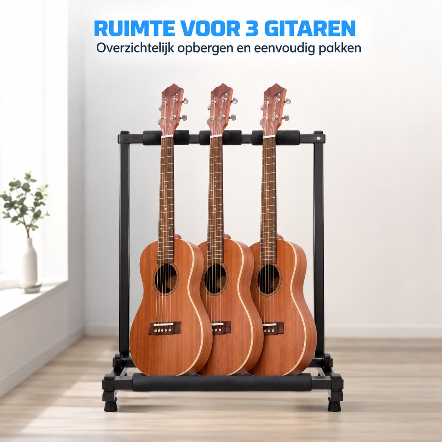 Marqs Gitaarstandaard - Opbergrek - Gitaar - 3 Gitaren - Zwart - Verstelbare voeten - IJzeren frame - 62.5x47x73 cm - Ruim vak