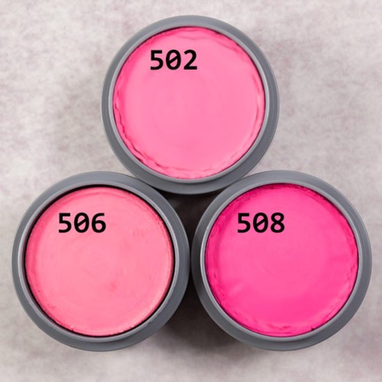 Drie ronde potjes schmink in roze tinten, genummerd 502, 506 en 508, in grijze verpakking.