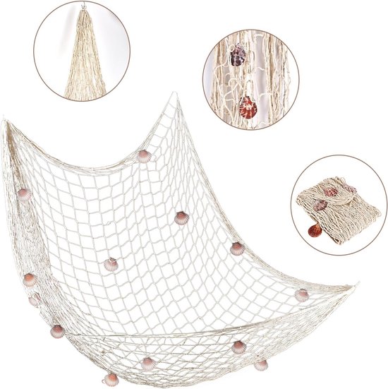 Decoratief visnet met schelpen 150 x 200 cm, natuurlijk decoratienet in mediterrane stijl, decoratie voor huis, huwelijk, feesten en fotografie — afbeelding 4