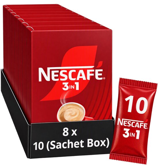 Nescafé 3in1 doos met 8 verpakkingen van 10 koffiezakjes met een afbeelding van een dampende mok koffie.