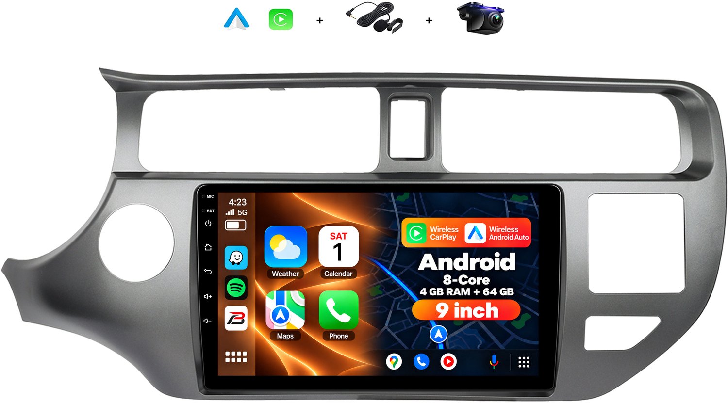 Boscer 2 Din Android 15 Autoradio - Geschikt voor Kia Rio (2012-2014) - Draadloos Apple Carplay & Android Auto - 8-Core 4+64GB - Interne Koeling - 9 Inch HD IPS Touchscreen - GPS Navigatie - WIFI, Bluetooth & USB - Achteruitrijcamera & Microfoon