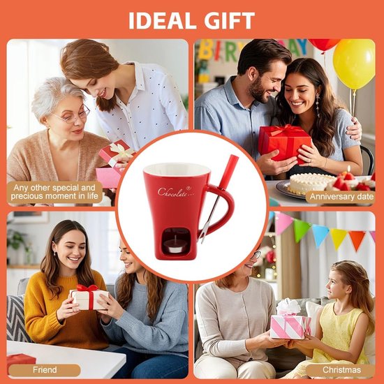Chocolade Fondue Set - Keramische Chocolade Fondue Mok - Perfect Smelten & Warmhouden - Mini Chocoladefondue met Vorkjes - Inclusief Vork - Compact 130ml - Voor Dessert Fruit Kaas - Mini Fondue Beker Chocoladepot - Rode — cadeau in Kookcadeaus - foto 4