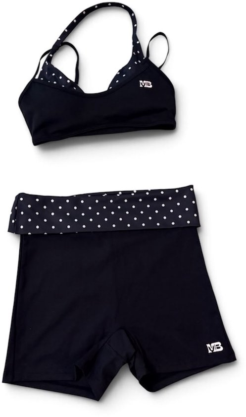 Zwarte sportset met polkadots: bikini-top en short met omvouwbare tailleband, voorzien van MB-logo.