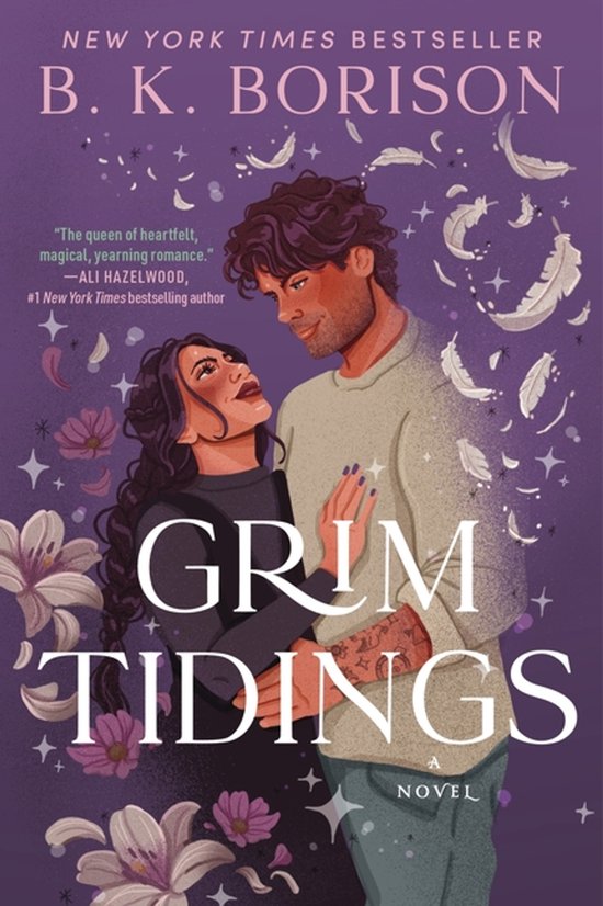 Boekomslag van Grim Tidings met een romantisch stel, witte veren en paarse bloemen op een paarse achtergrond.