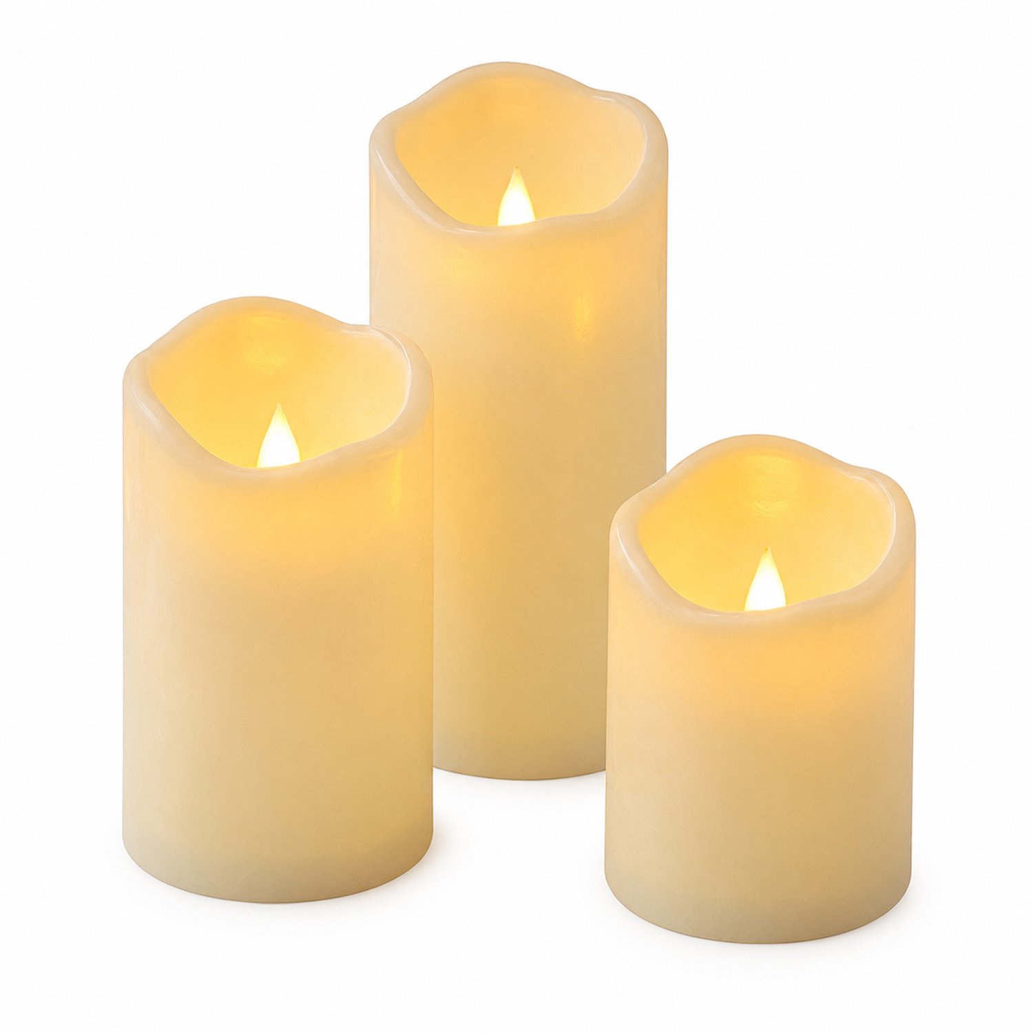 led kaarsen, set van 3 met bewegende vlam en afstandsbediening, kunststof met schuine bovenrand, diameter 7,5 cm, hoogtes 10/12,5/15 cm