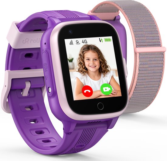 Paarse Ralio-smartwatch met een extra roze geweven stoffen band, scherm toont een videogesprek.