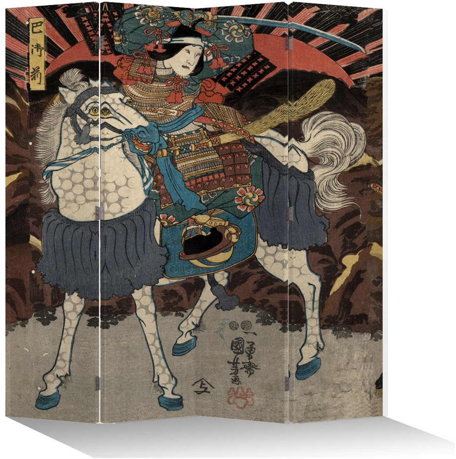 Fine Asianliving Japans Kamerscherm Oosters Scheidingswand B160xH180cm 4 Panelen Japanse Samurai op Paard Zwart, Multicolour