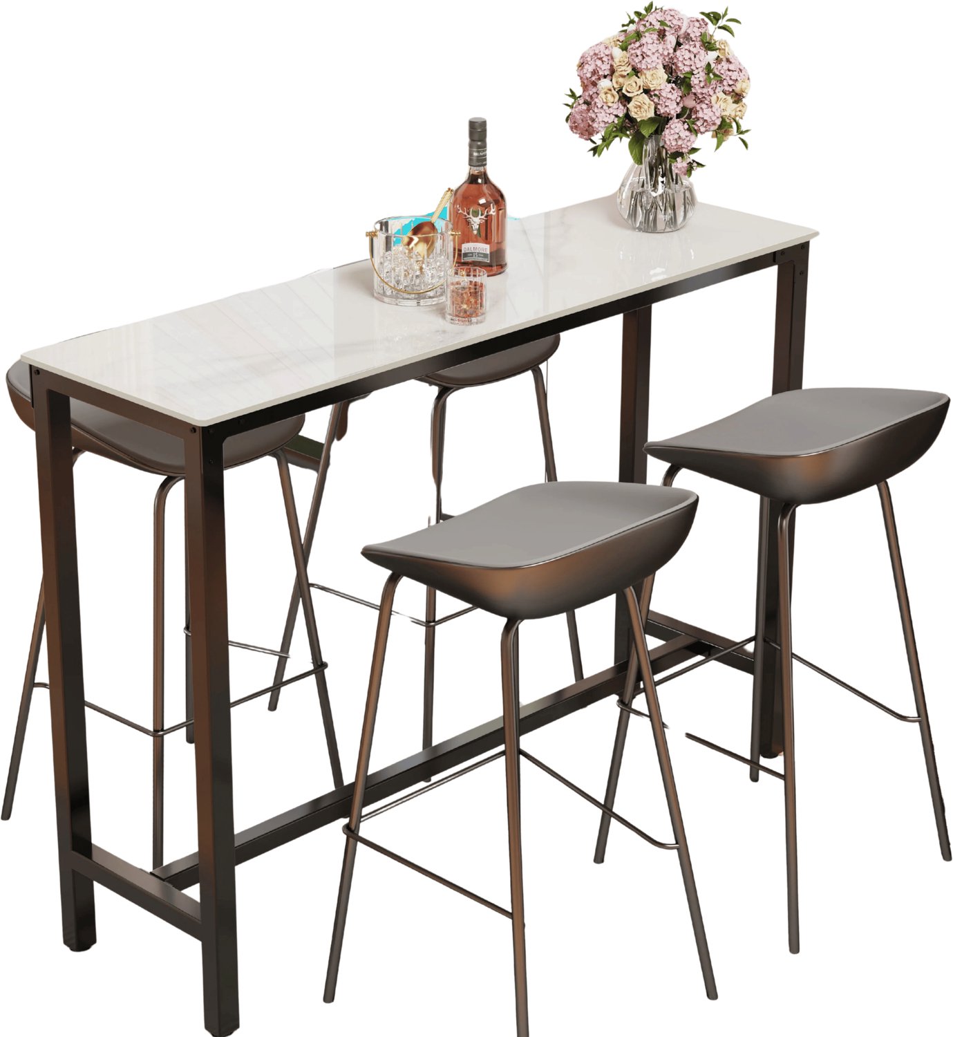 Homezo bartafel - Hoge tafel - Bistrotafel - Ontbijttafel/Koffietafel/Werkplek/Bartafel - Voetensteun - Marmerlook - 120x40 cm Wit
