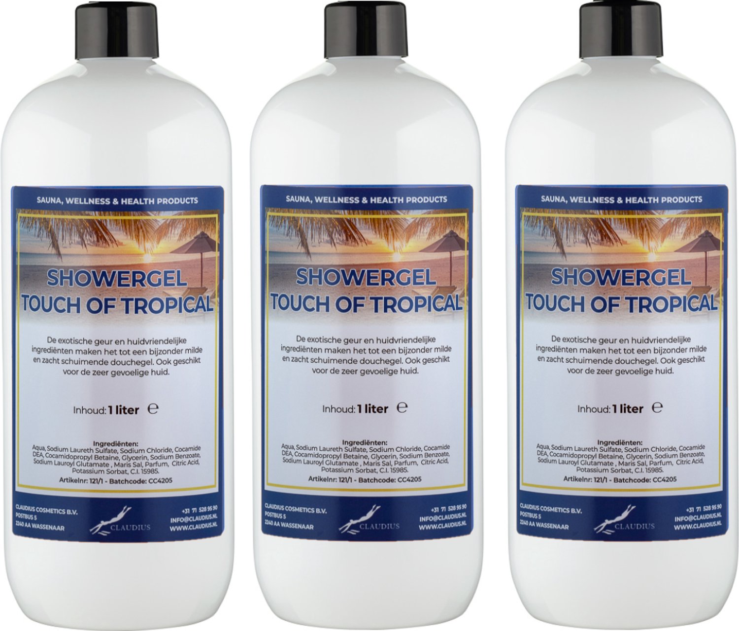 Claudius Douchegel Touch of Tropical 1 Liter - set van 3 stuks - showergel - navulling - voordeelverpakking