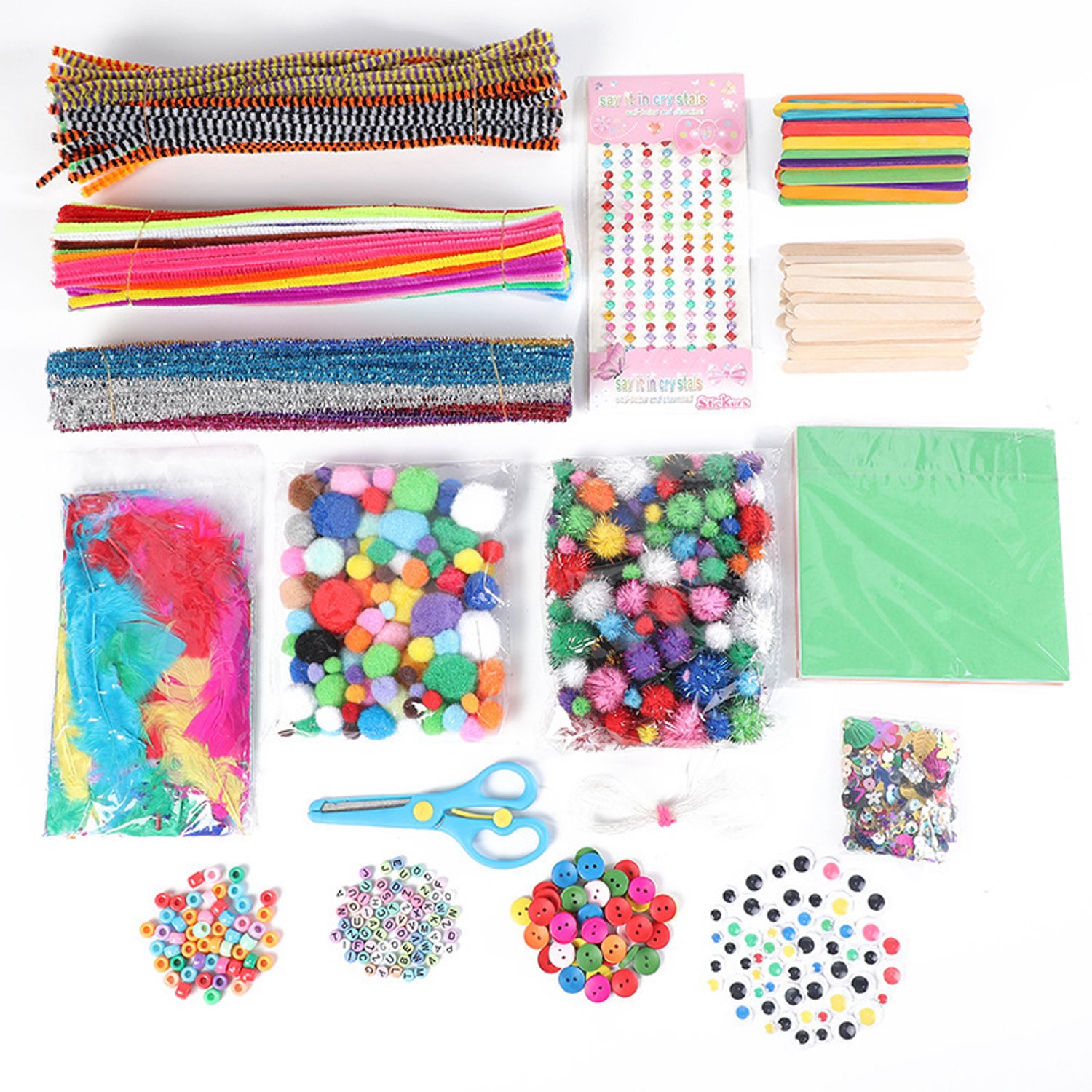 2000+PCS Knutselset voor kinderen-Knutseldoos Zelfmaakset-Creatief- Knutselpakket -Knutselwerk voor Kinderen-knutselaccessoires-scrapbooking-pompons-kralen-Alfabet Kralen-Knopencadeau-voor kinderen